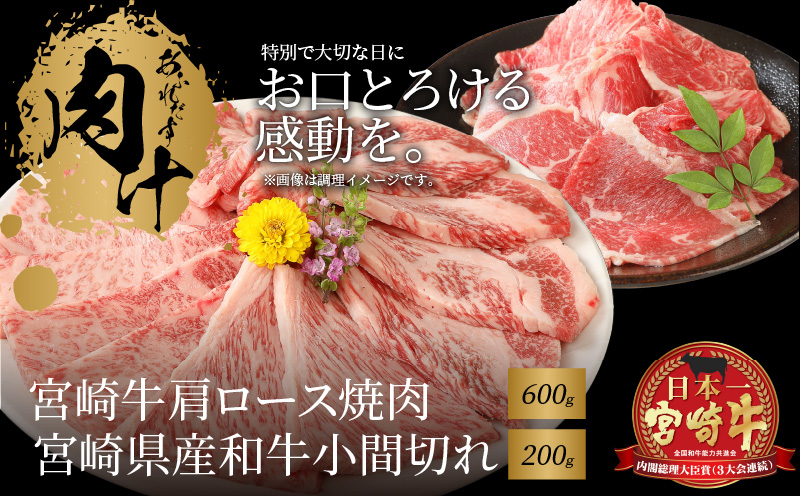 K18_0035　宮崎牛肩ロース焼肉600ｇ　宮崎県産和牛小間切れ200ｇ
